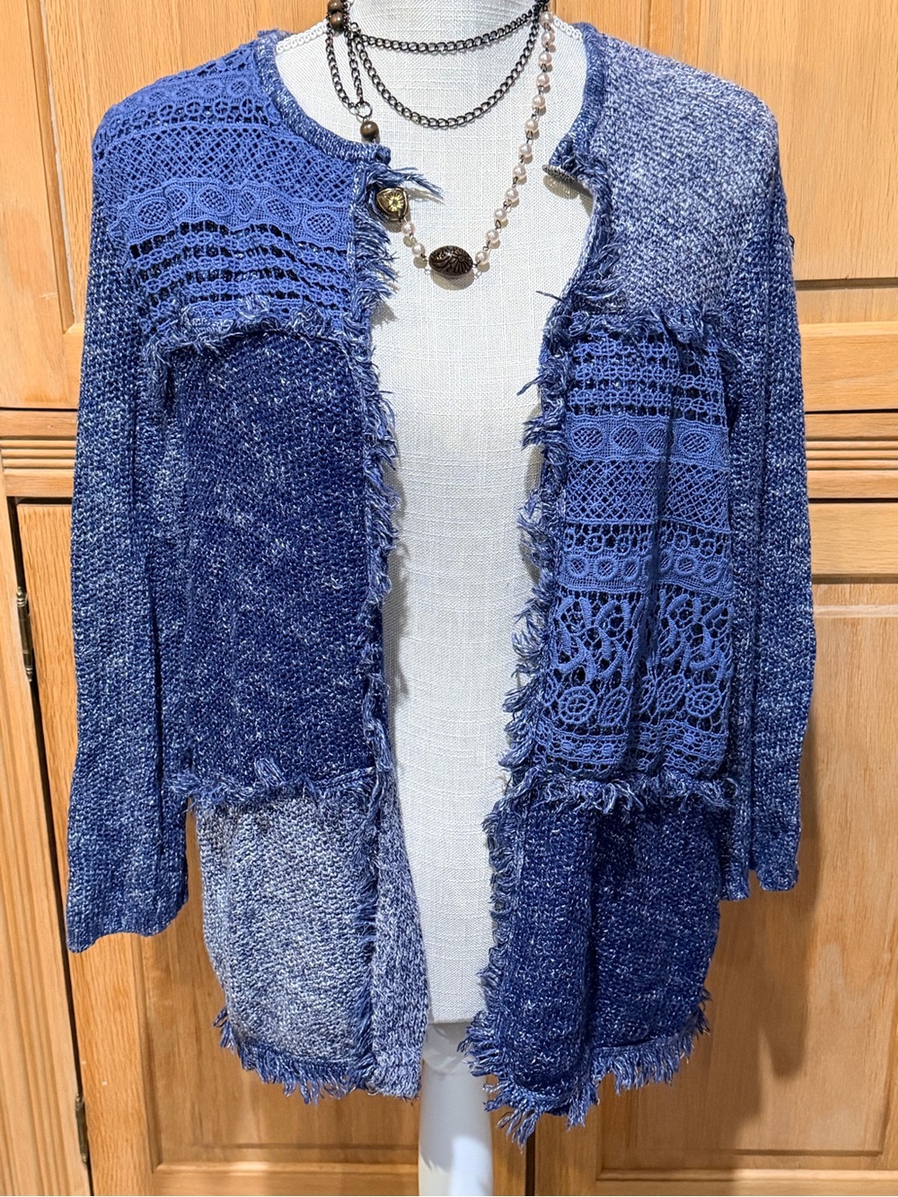 Women’s Size L Alfred Dunner Patchwork Cardigan Blue Sweater Knit Fringe Boho